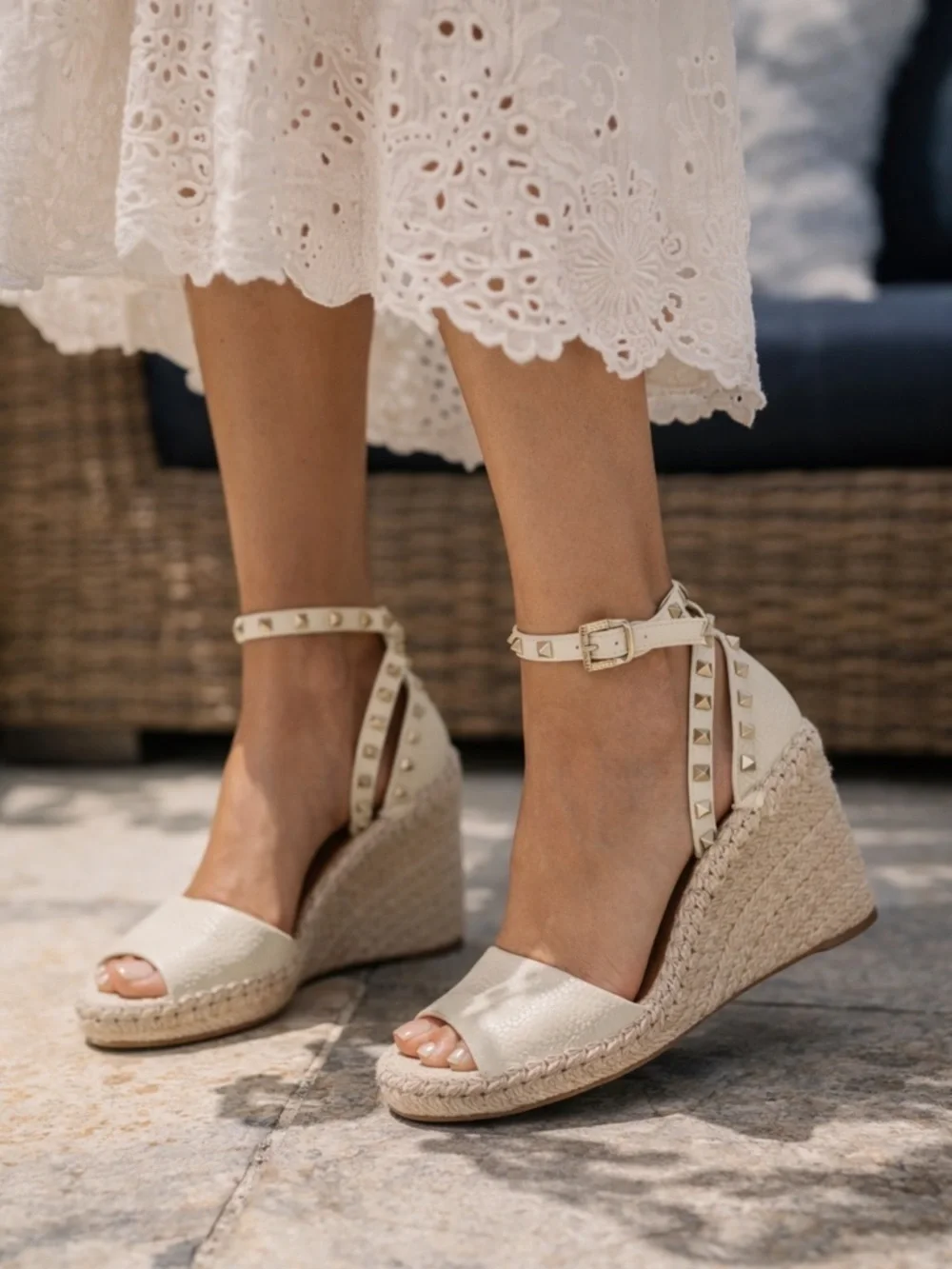 These are Valentino Garavani Rockstud textured-leather espadrille wedge heel